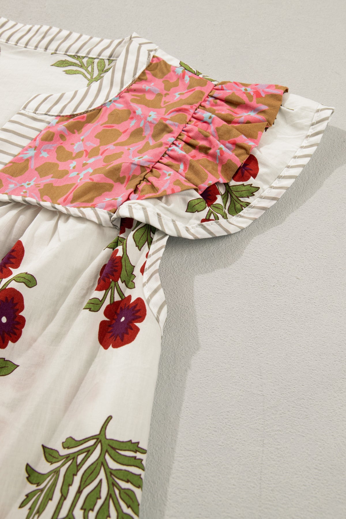 White Floral Print Contrast Striped Trim Flutter Cotton Blouse