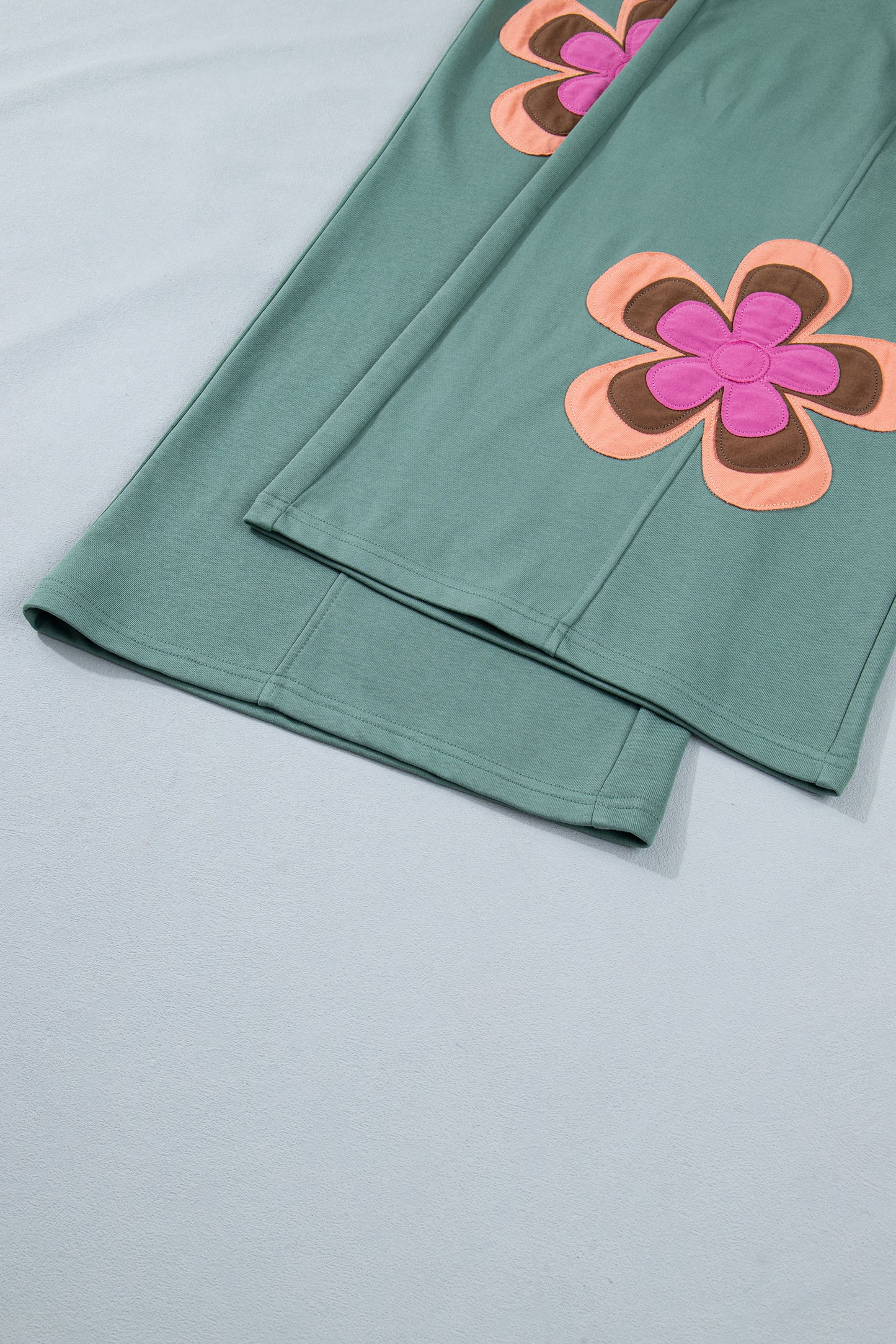 Sea Green Color Block Flower Patchwork Drawstring Contrasted Elastic Waist Wide Leg Pants