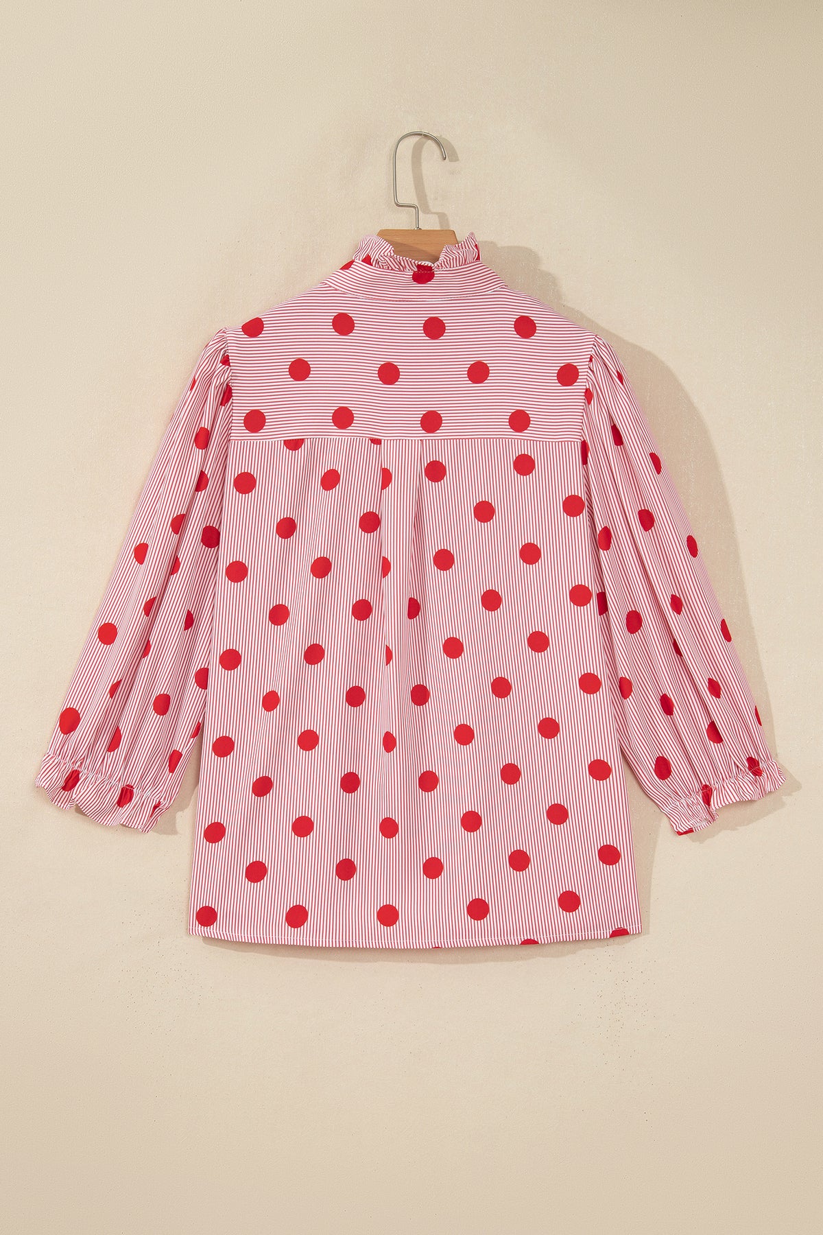 Sky Blue Polka Dot Print Ruffle Stand Neck 3/4 Sleeve Shift Shirt