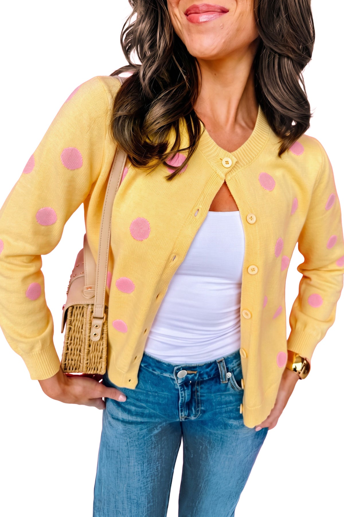 Yellow Cream Casual Polka Dot Button Front Long Sleeve Sweater Cardigan