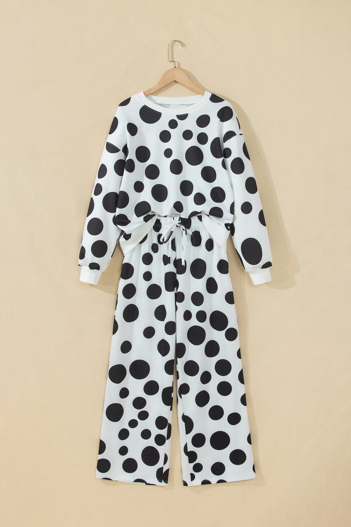 Khaki Polka Dot Long Sleeve Top Drawstring Relaxed Pants Set