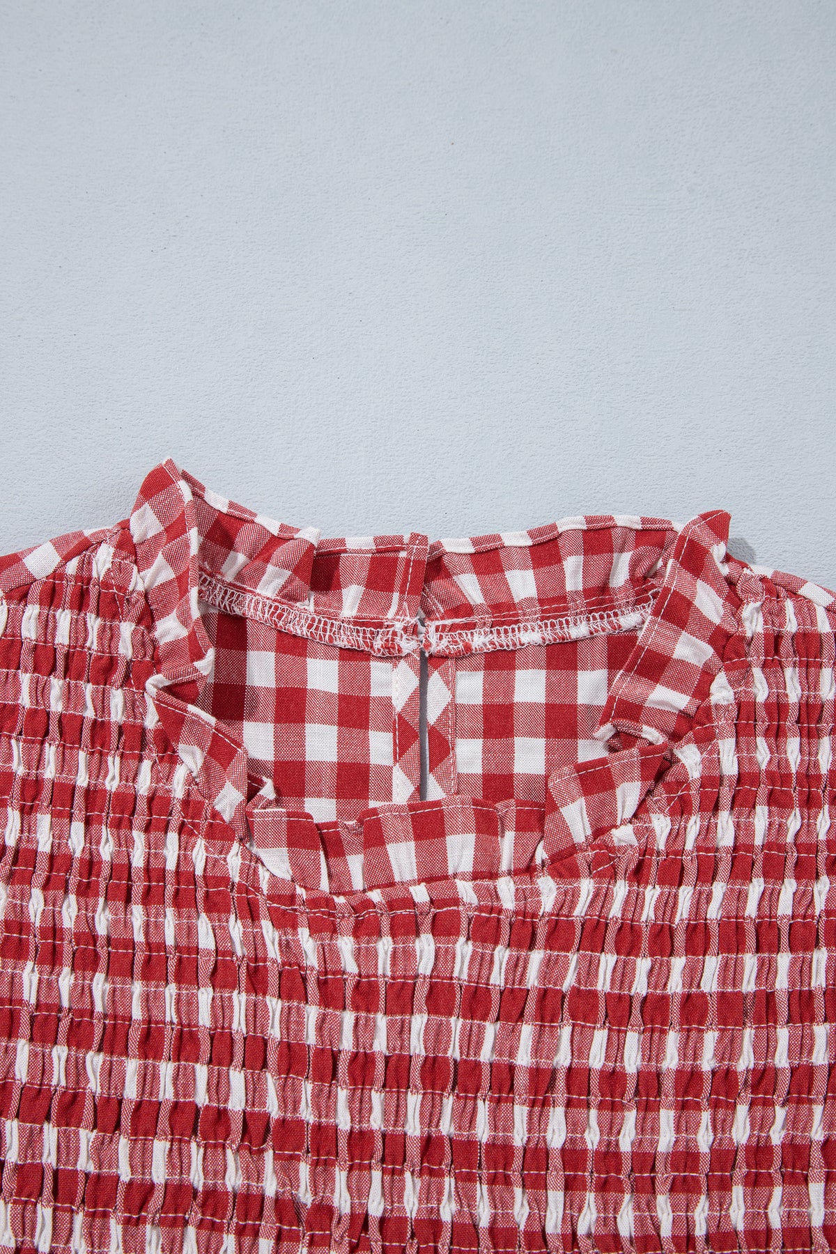 Red 3/4 Sleeve Shirred Plaid Peplum Top
