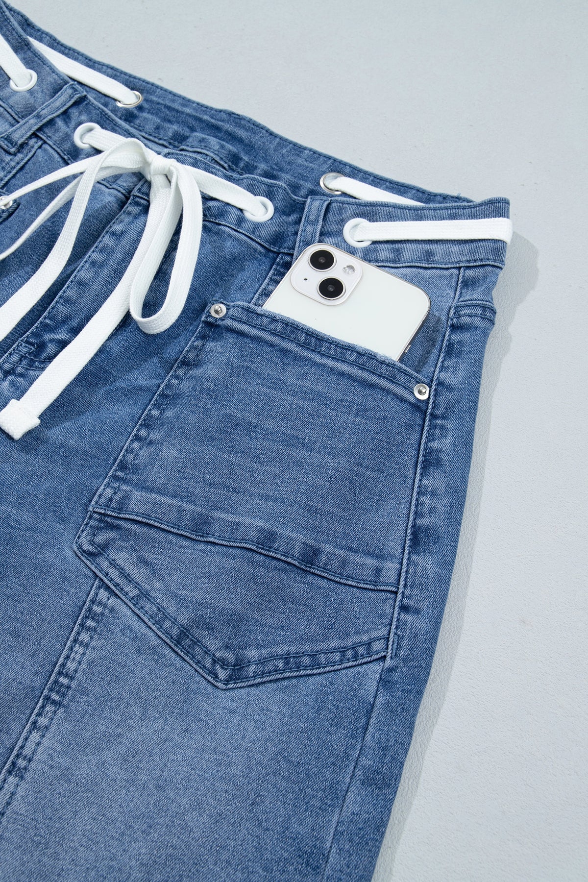 Beau Blue Solid Patchwork Grommet Tie Waist Loose Ankle-Length Jeans