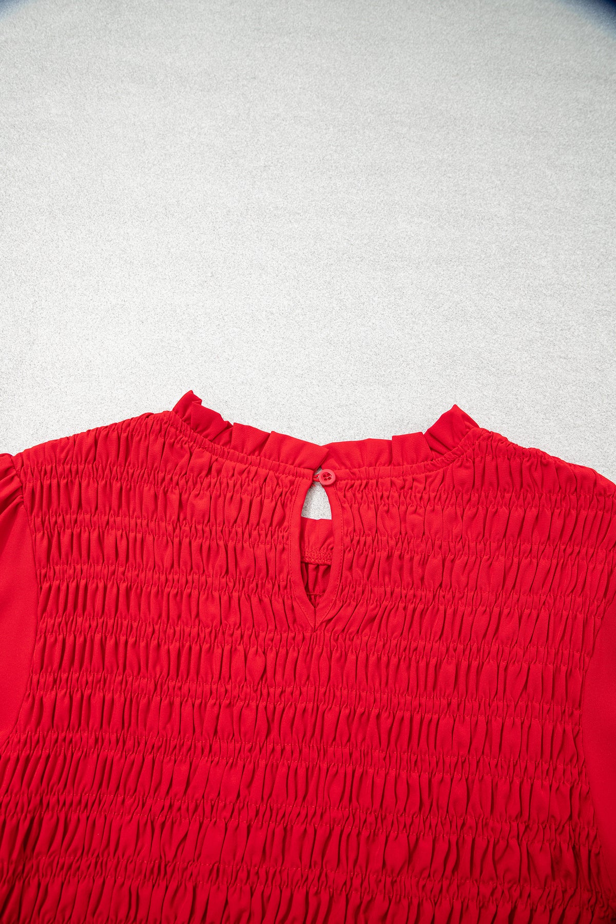 Racing Red Solid Color Smocked Ruffle Hem Long Sleeve Blouse