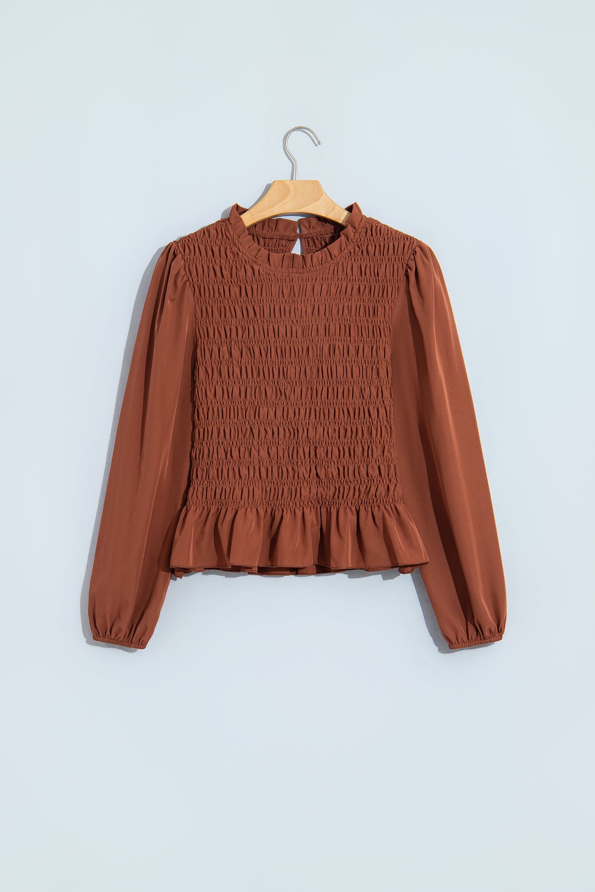 Racing Red Solid Color Smocked Ruffle Hem Long Sleeve Blouse
