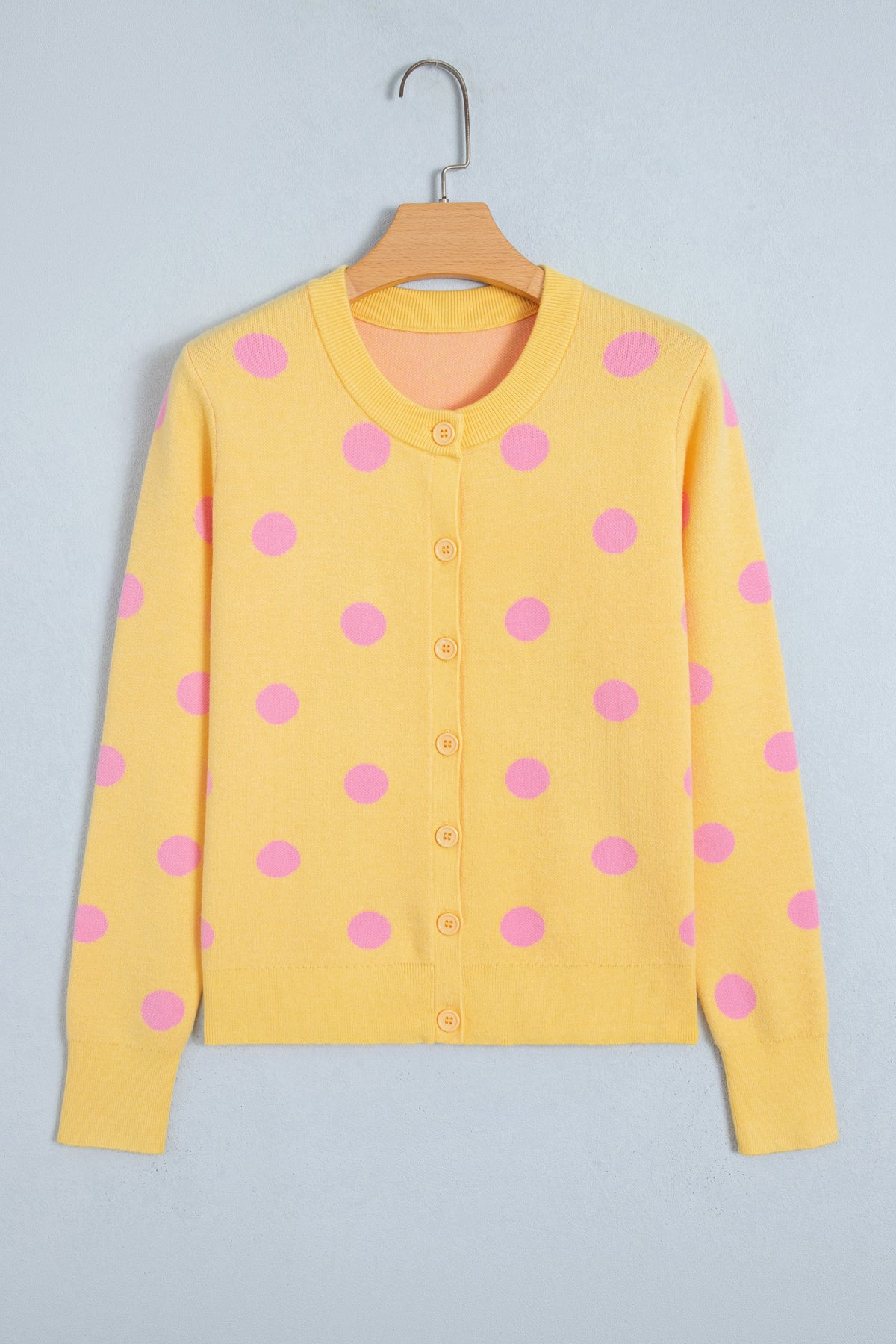 Yellow Cream Casual Polka Dot Button Front Long Sleeve Sweater Cardigan