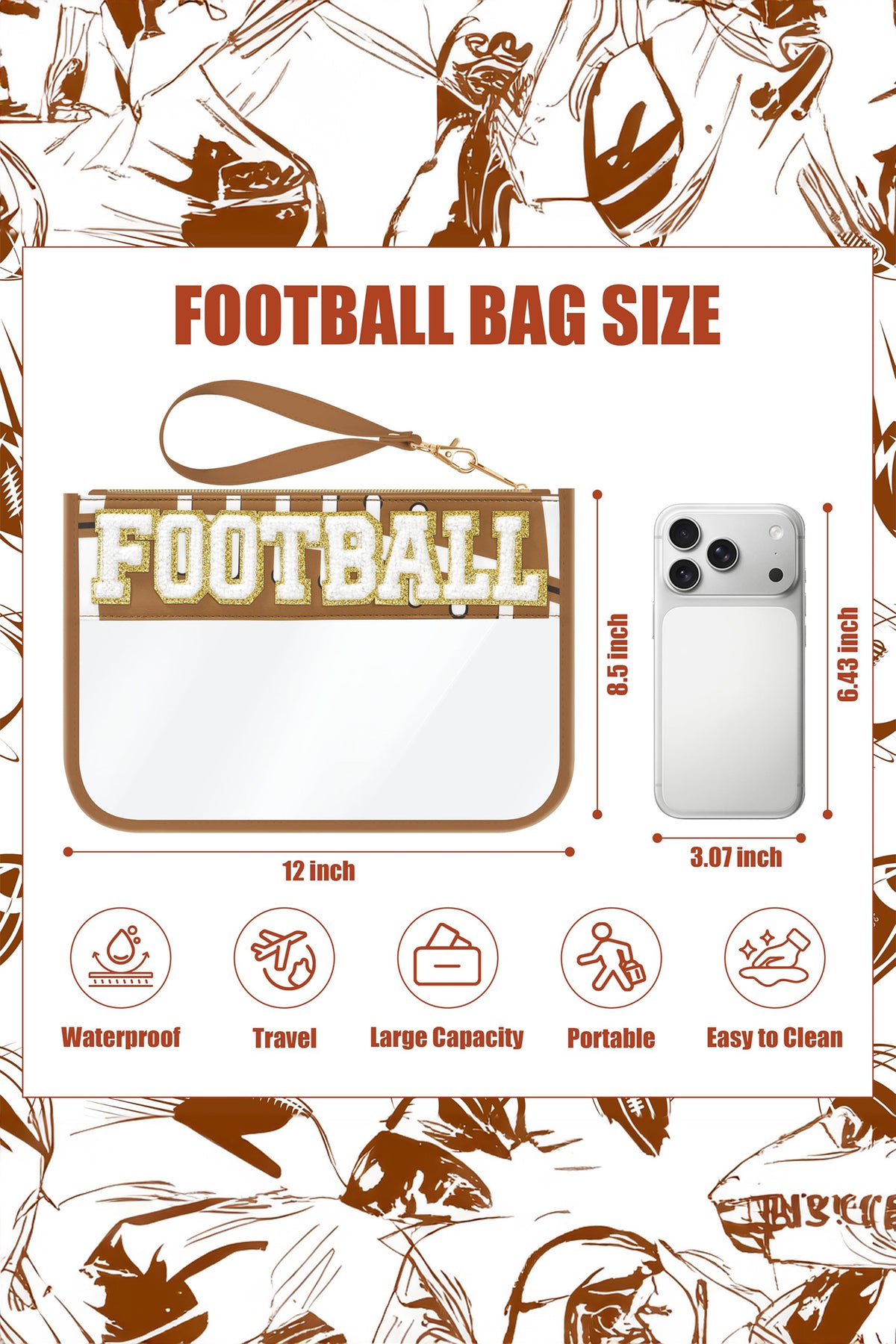 Color black SOCCER Chenille Letter Patch Game Day Stadium Clear PVC Cosmetic Bag