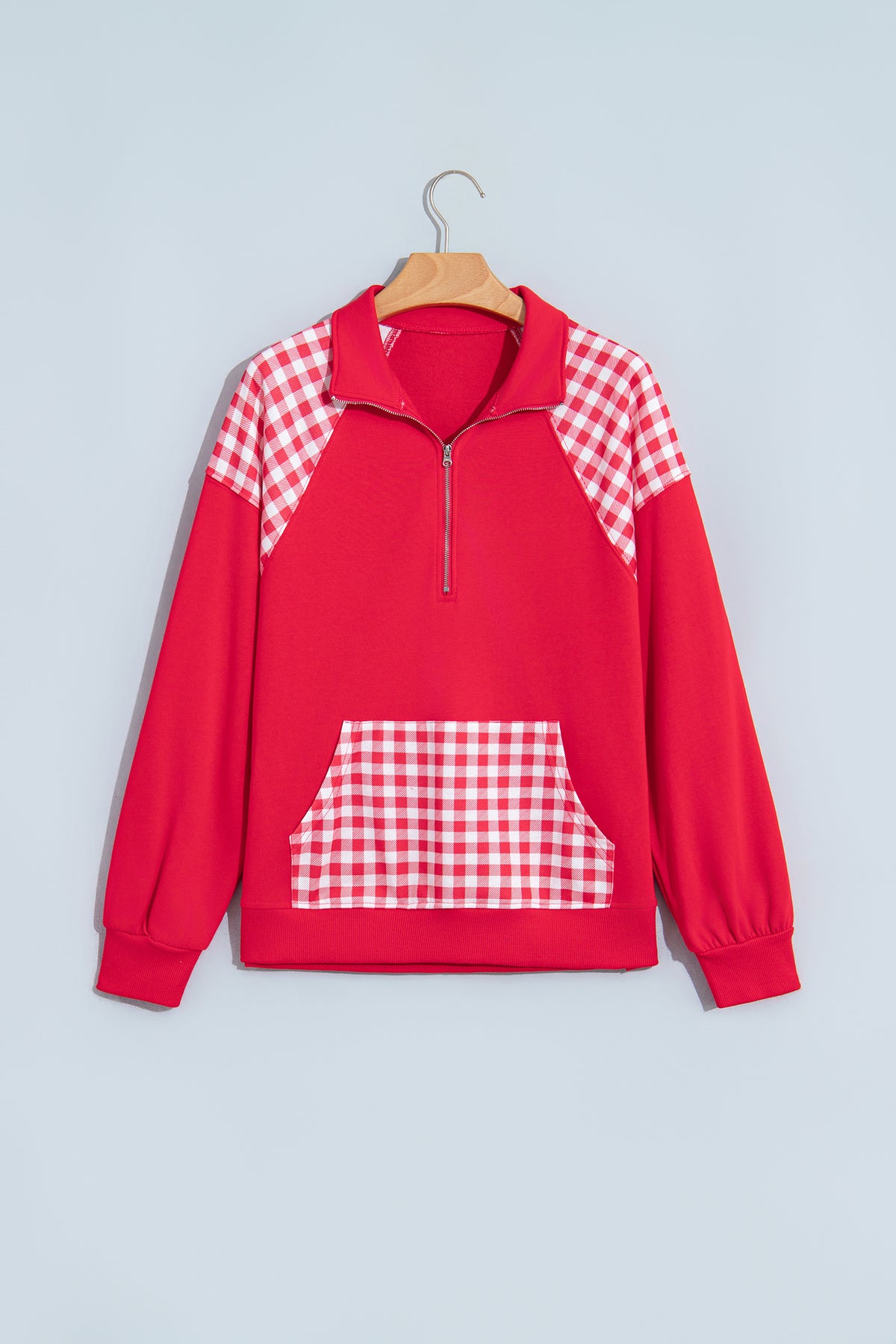 Dark Green Patchwork Plaid Pocket Quarter Zip Sweatshirt