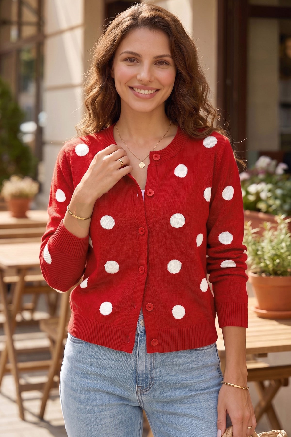 Yellow Cream Casual Polka Dot Button Front Long Sleeve Sweater Cardigan