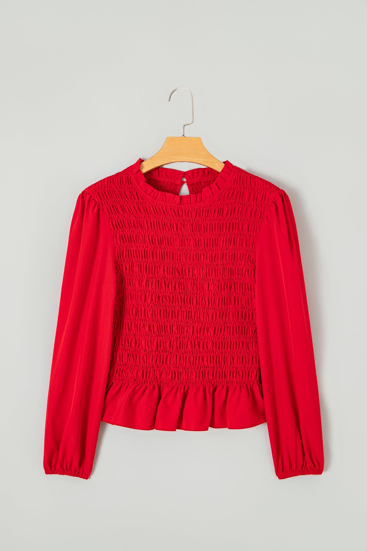 Racing Red Solid Color Smocked Ruffle Hem Long Sleeve Blouse