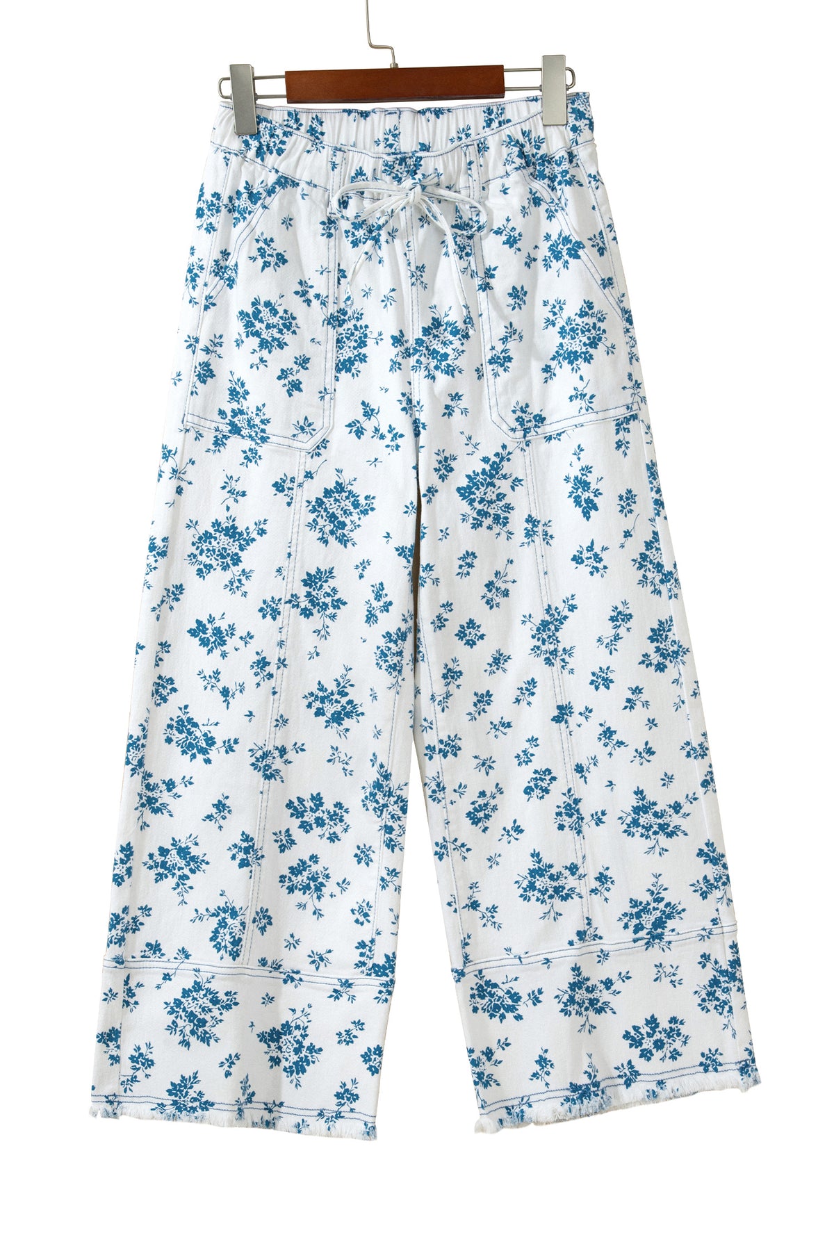 Sky Blue Floral Print Tie Waist Straight Leg Jeans