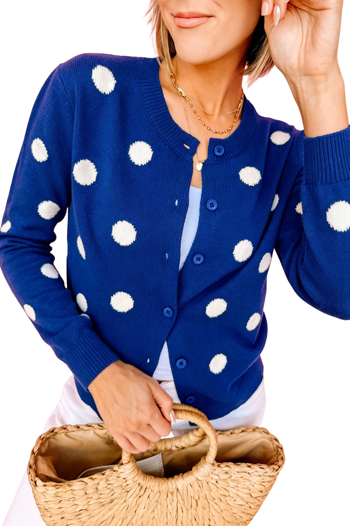 Yellow Cream Casual Polka Dot Button Front Long Sleeve Sweater Cardigan