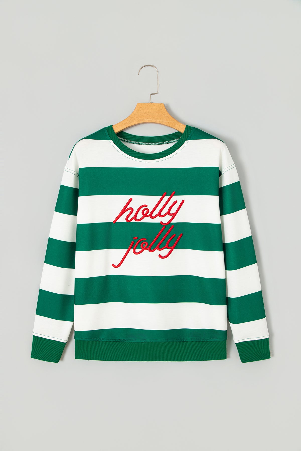 Red Stripe holly jolly Letter Embroidered Pullover Sweatshirt