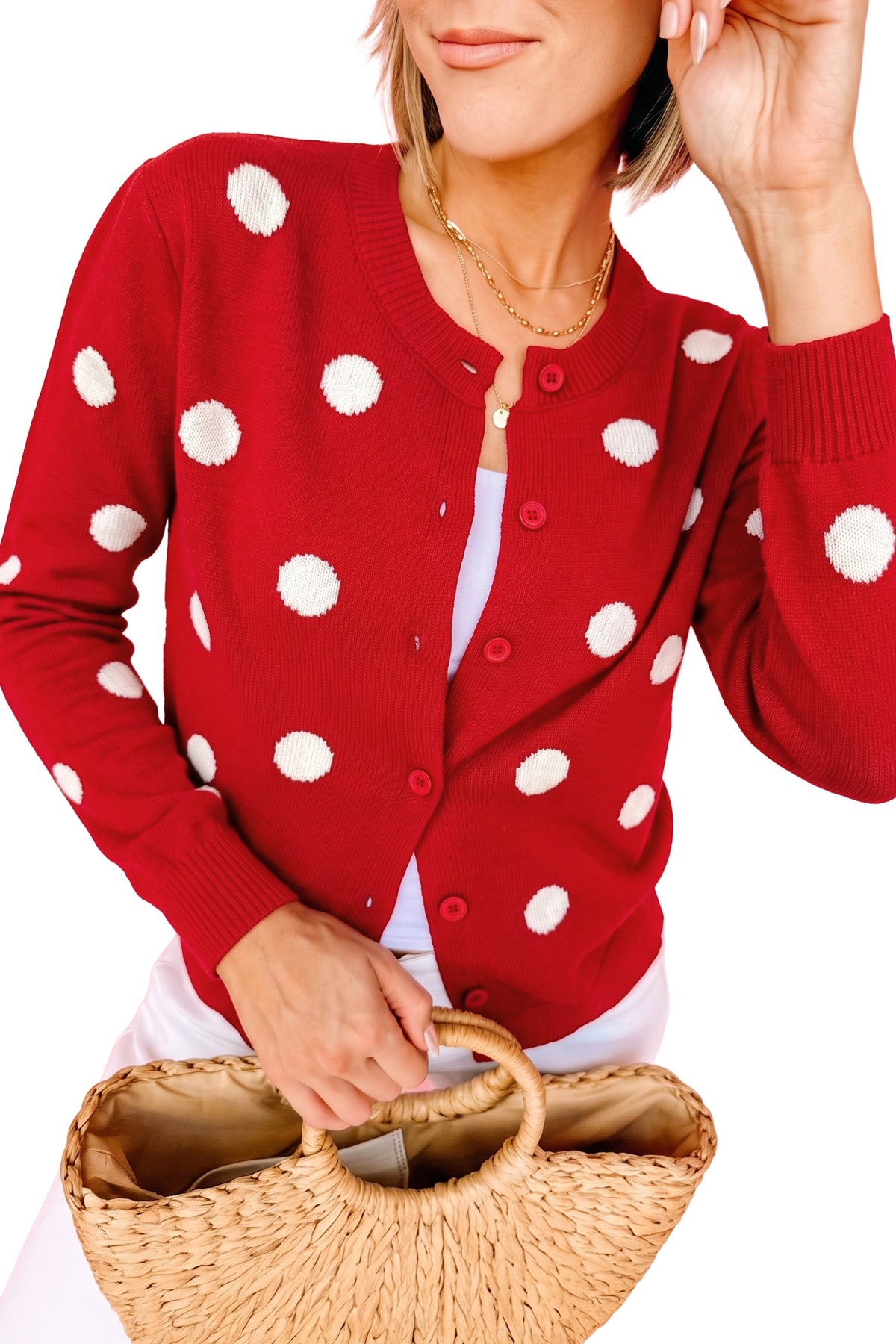 Yellow Cream Casual Polka Dot Button Front Long Sleeve Sweater Cardigan