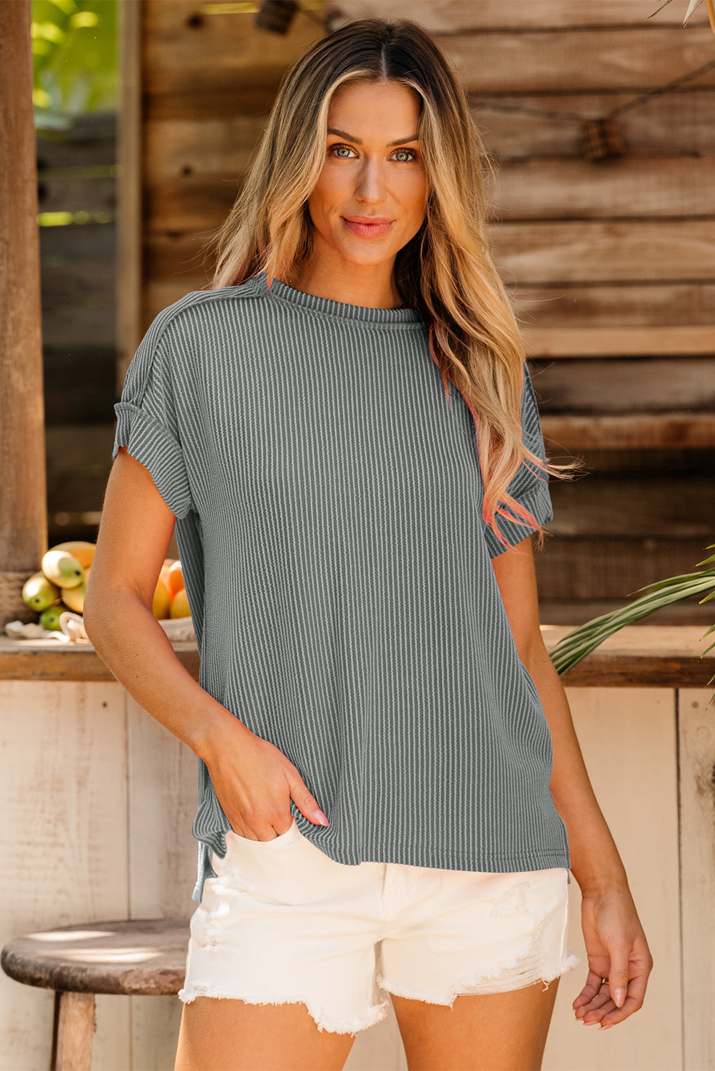 Medium Grey Textured Knit Exposed Stitching T-shirt