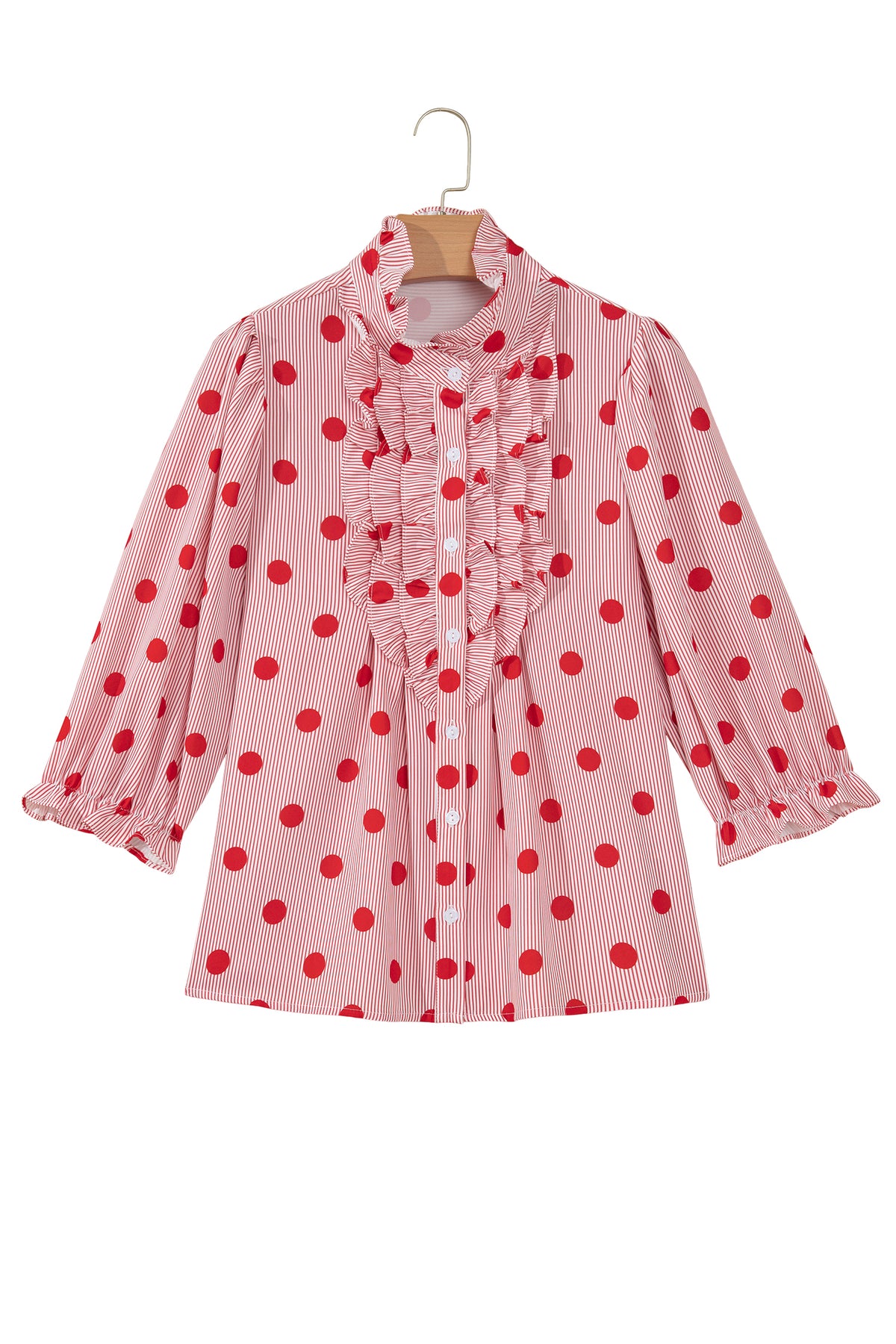 Sky Blue Polka Dot Print Ruffle Stand Neck 3/4 Sleeve Shift Shirt