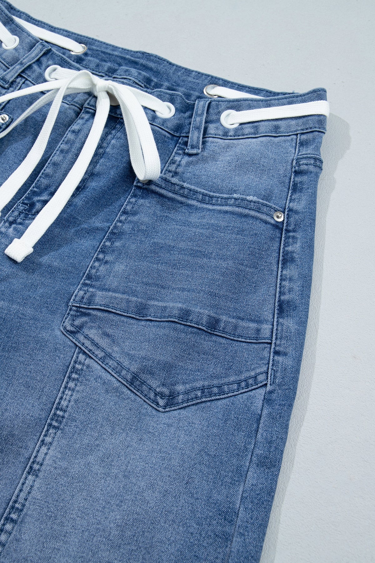 Beau Blue Solid Patchwork Grommet Tie Waist Loose Ankle-Length Jeans
