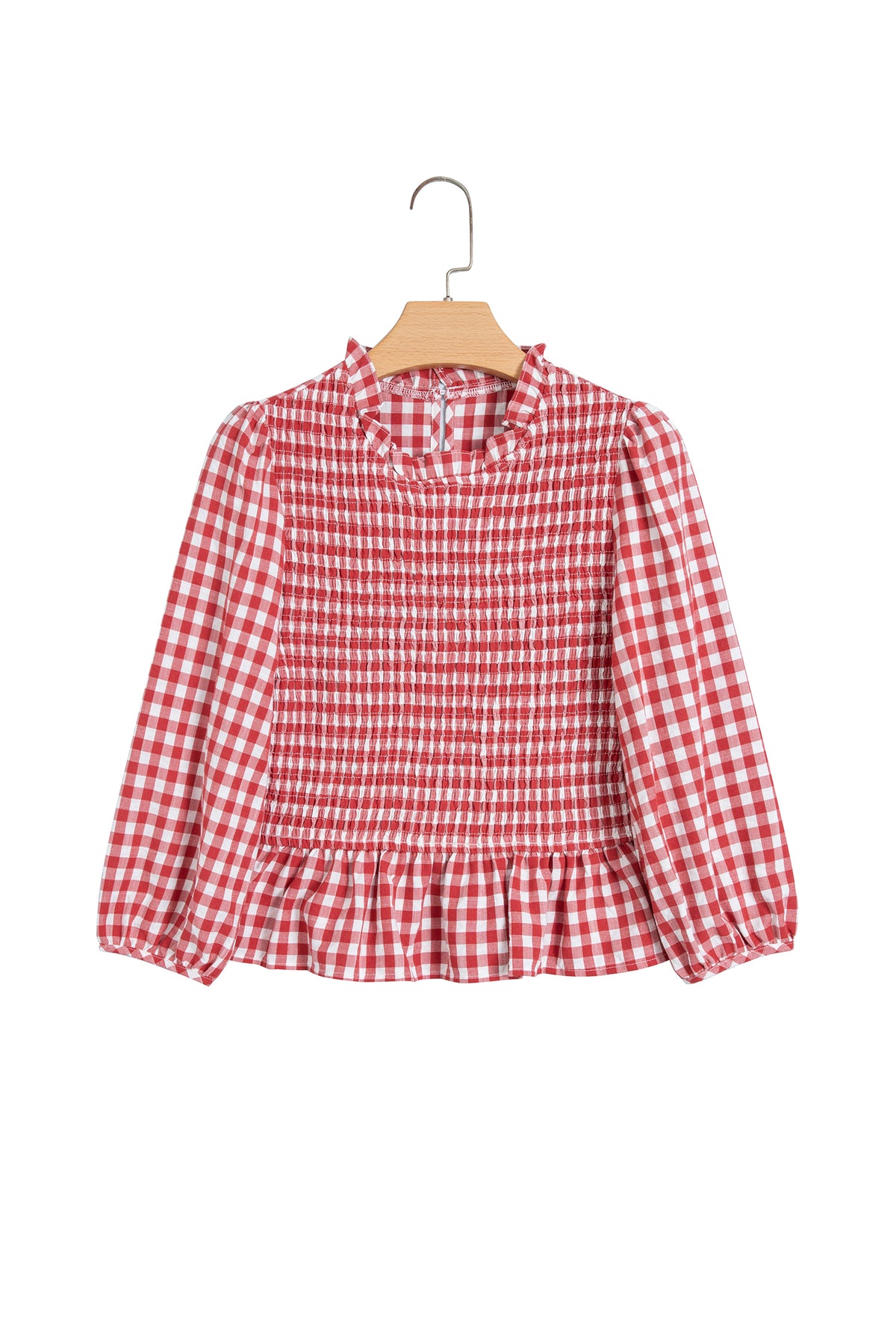 Red 3/4 Sleeve Shirred Plaid Peplum Top