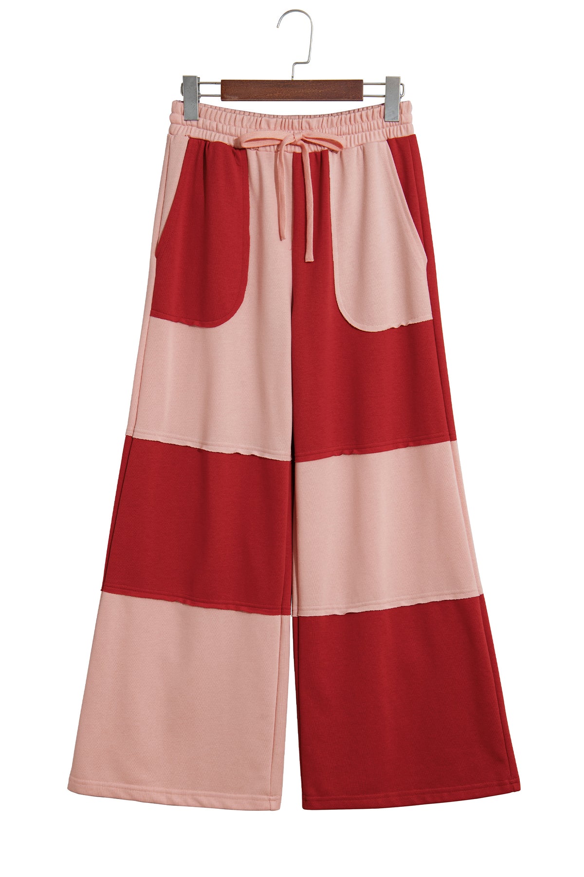 Fiery Red Raw Seam Colorblock Wide Leg Ankle Length Casual Pants