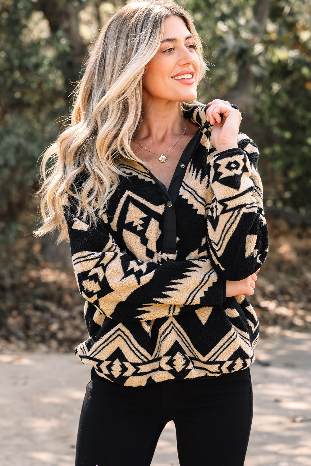 Black Western Aztec Half Zip Plush Sweatshirt