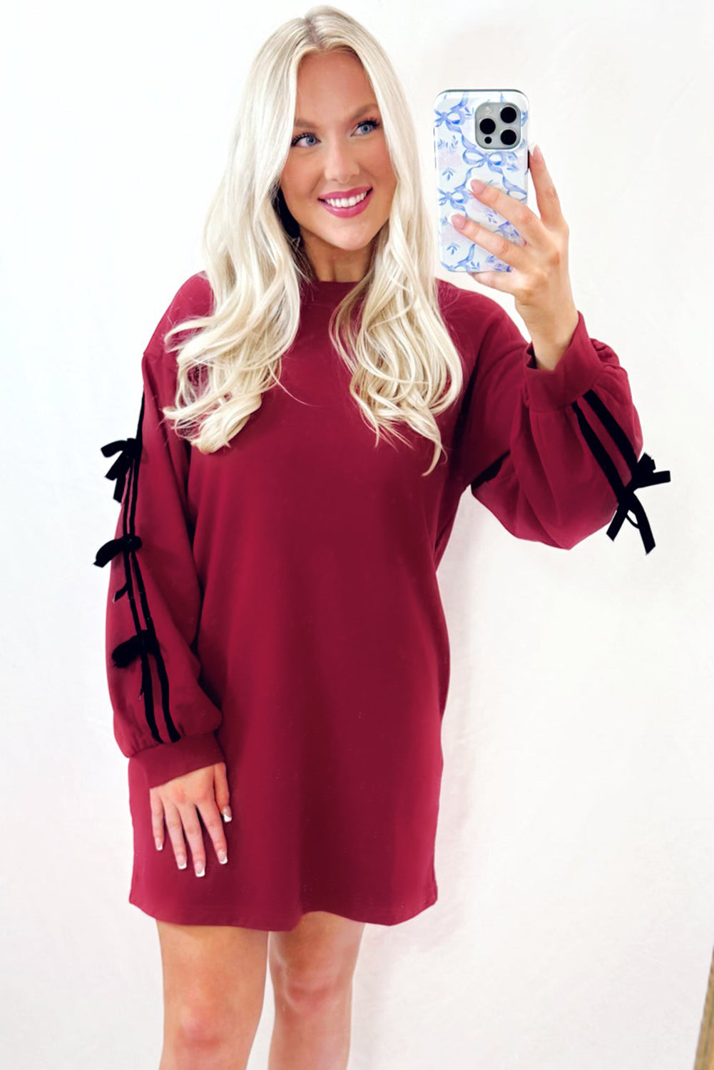 Racing Red Contrast Striped Bow Detail Drop Shoulder Sweatshirt Dress with Pockets
