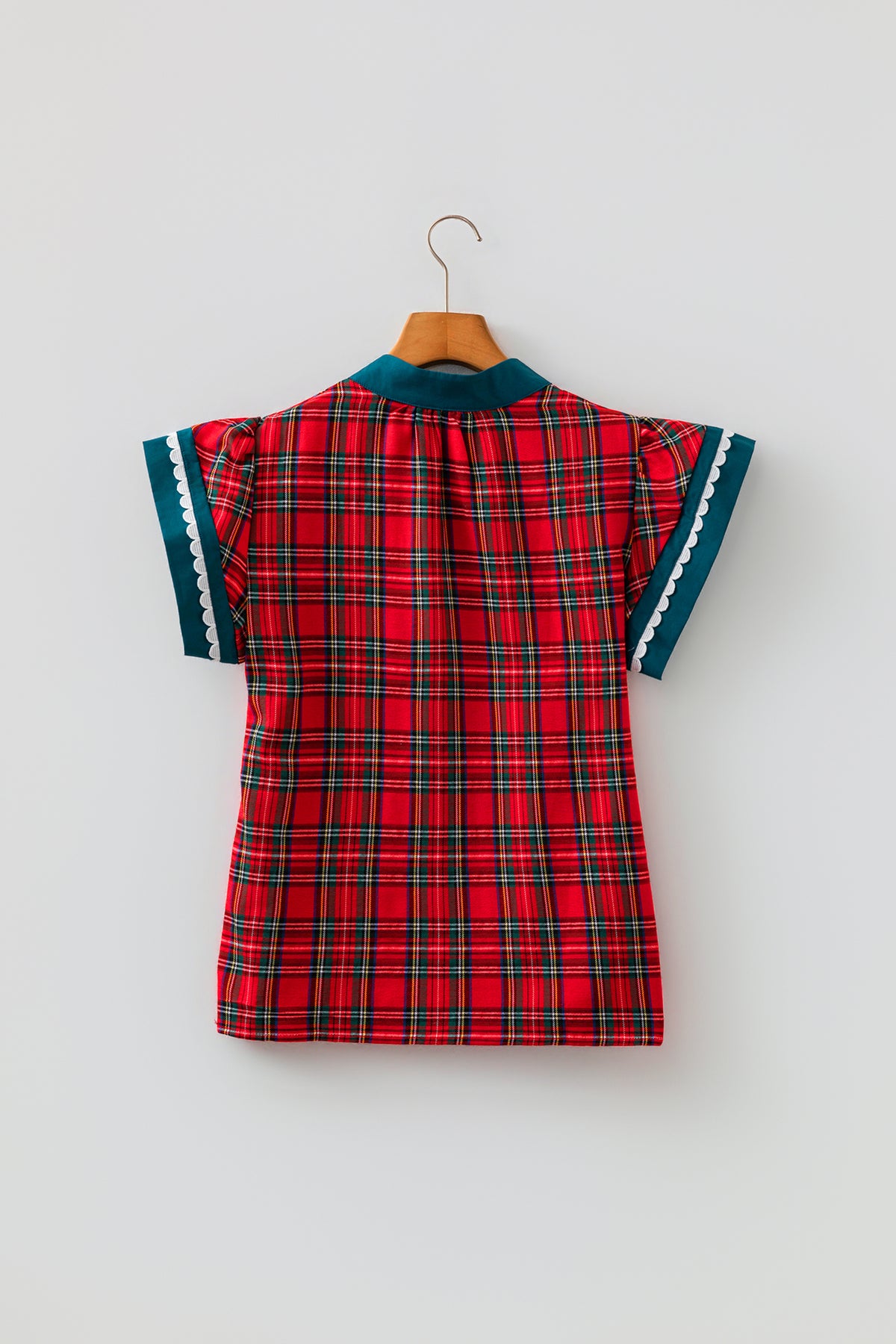 Red Plaid V Neck Short Sleeve Shift Blouse