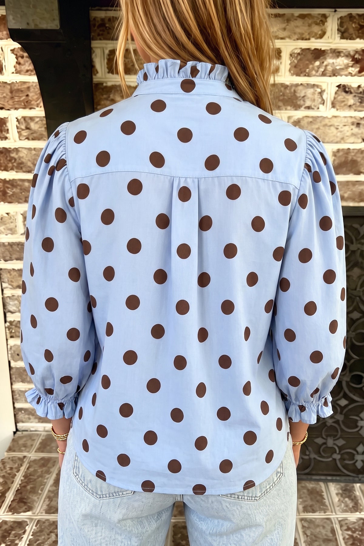 Sky Blue Polka Dot Print Ruffle Stand Neck 3/4 Sleeve Shift Shirt