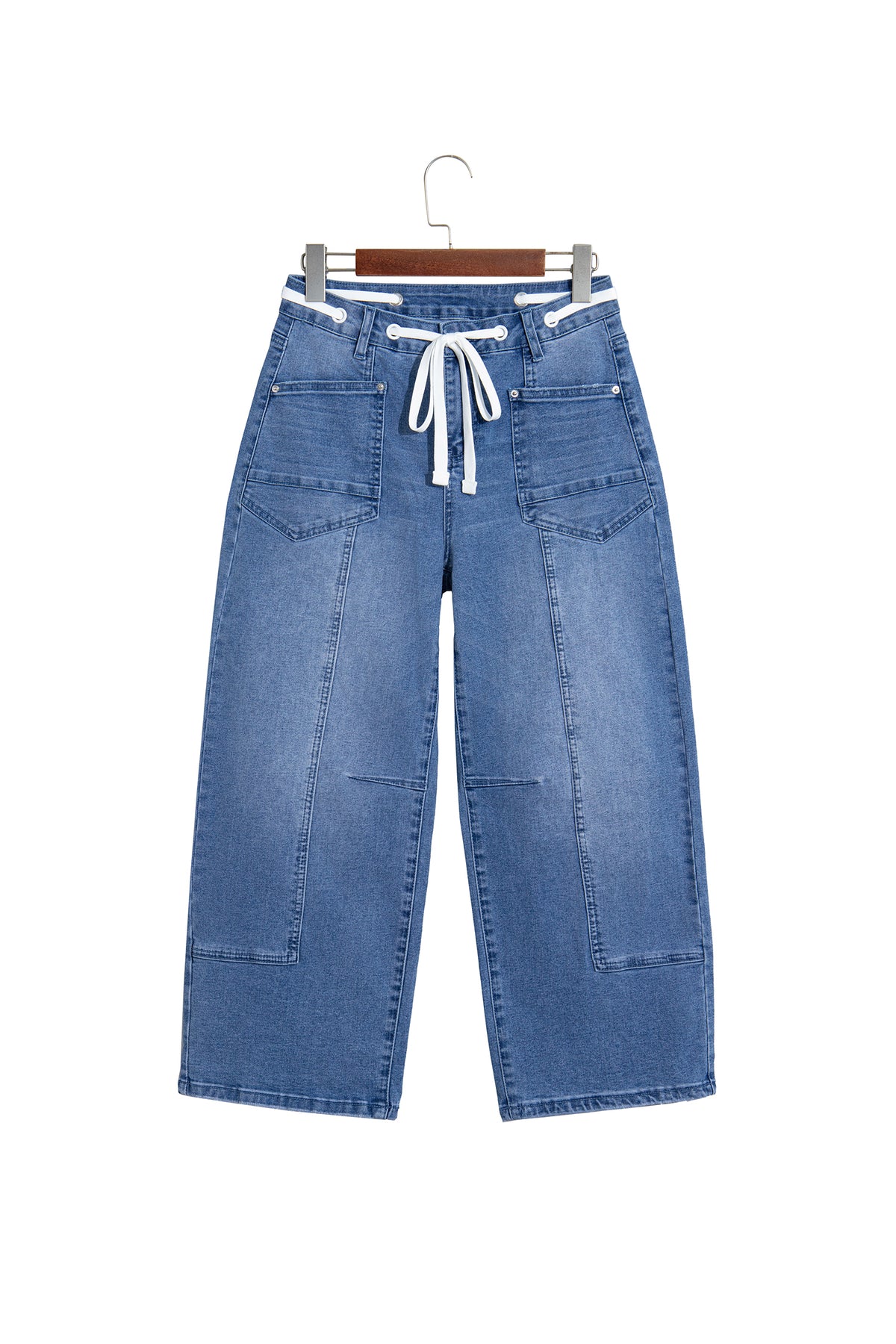 Beau Blue Solid Patchwork Grommet Tie Waist Loose Ankle-Length Jeans