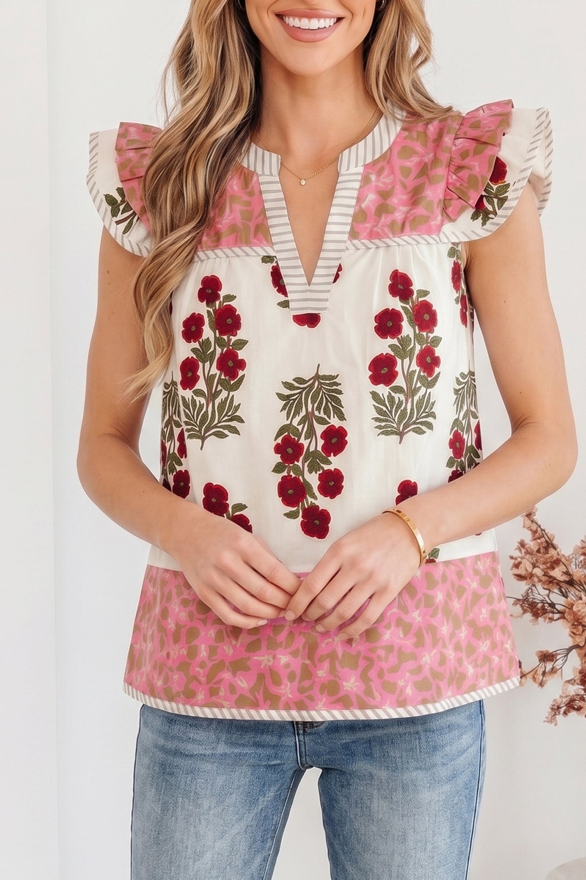White Floral Print Contrast Striped Trim Flutter Cotton Blouse