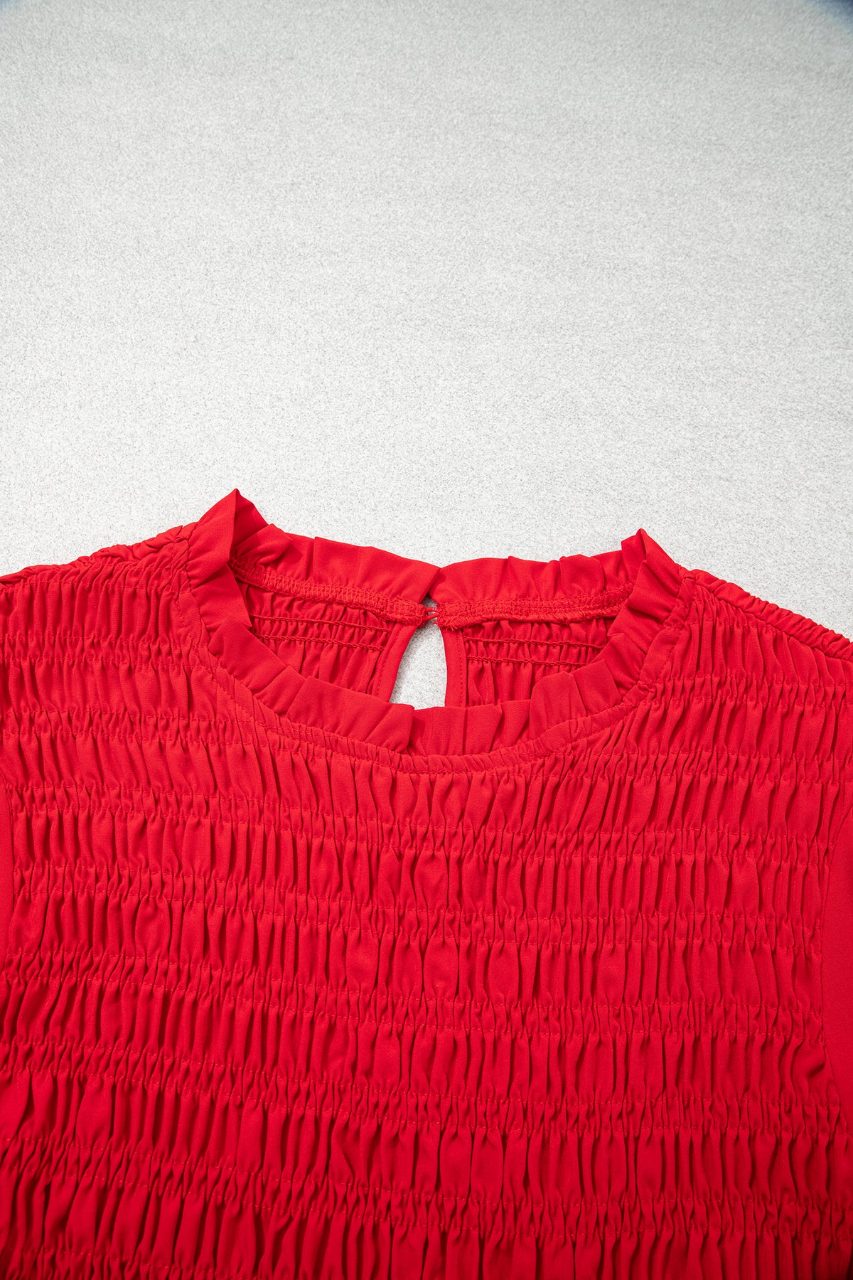Racing Red Solid Color Smocked Ruffle Hem Long Sleeve Blouse