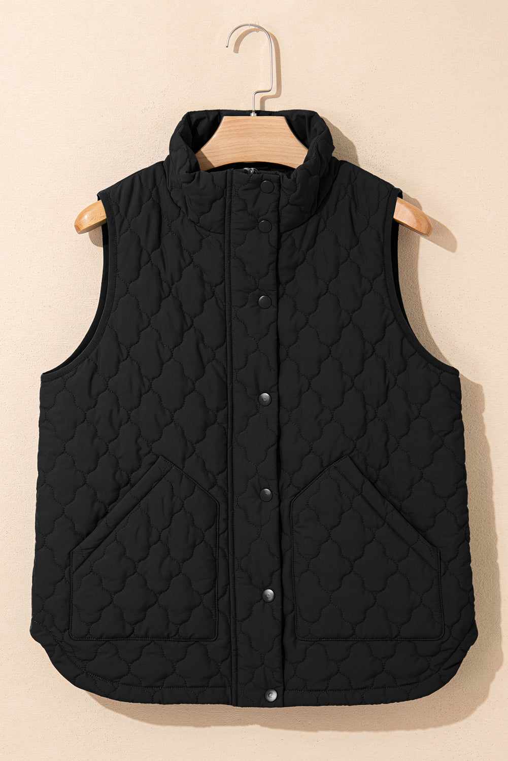 Black Flower Shape Quilted Snap Button Zip Up Winter Vest