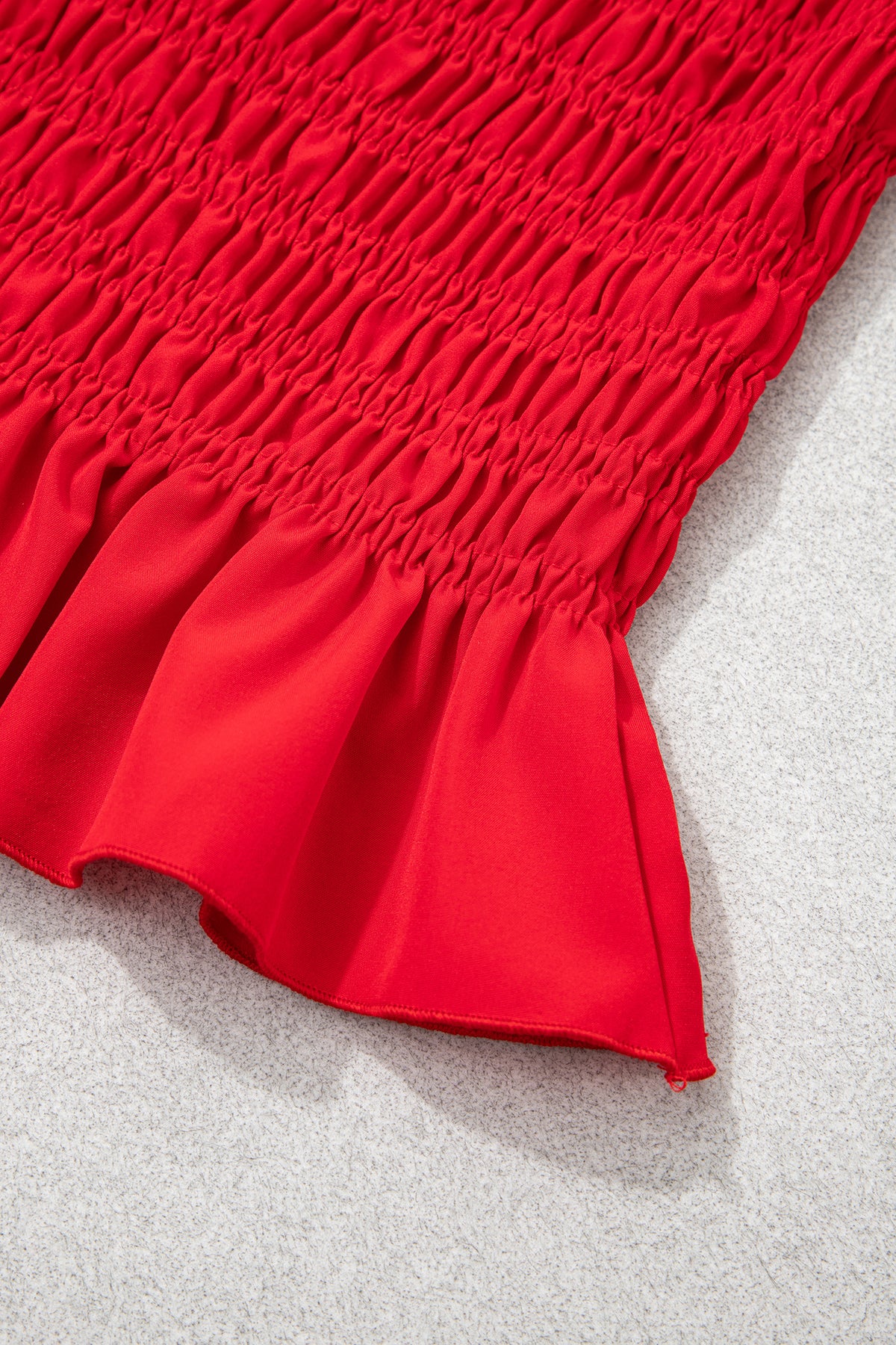 Racing Red Solid Color Smocked Ruffle Hem Long Sleeve Blouse