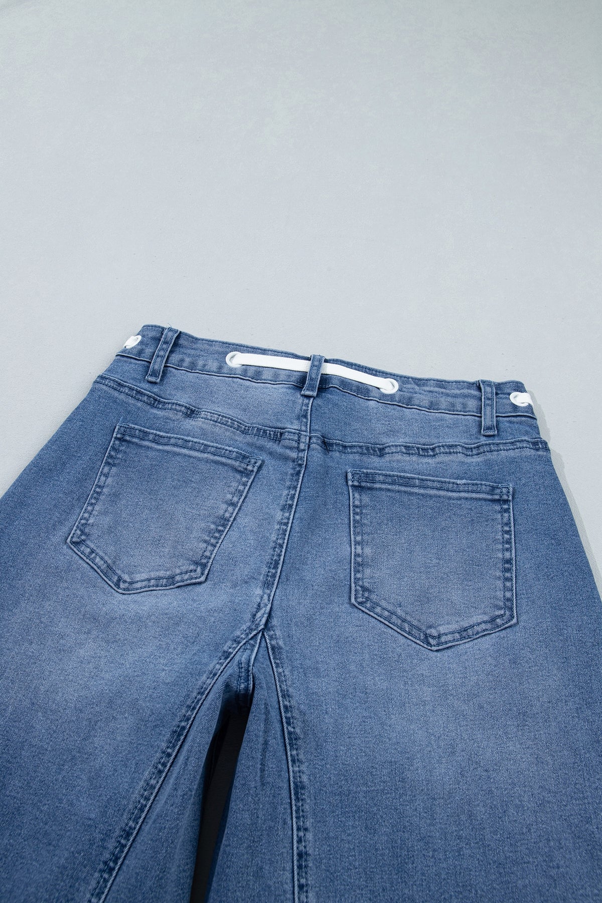 Beau Blue Solid Patchwork Grommet Tie Waist Loose Ankle-Length Jeans