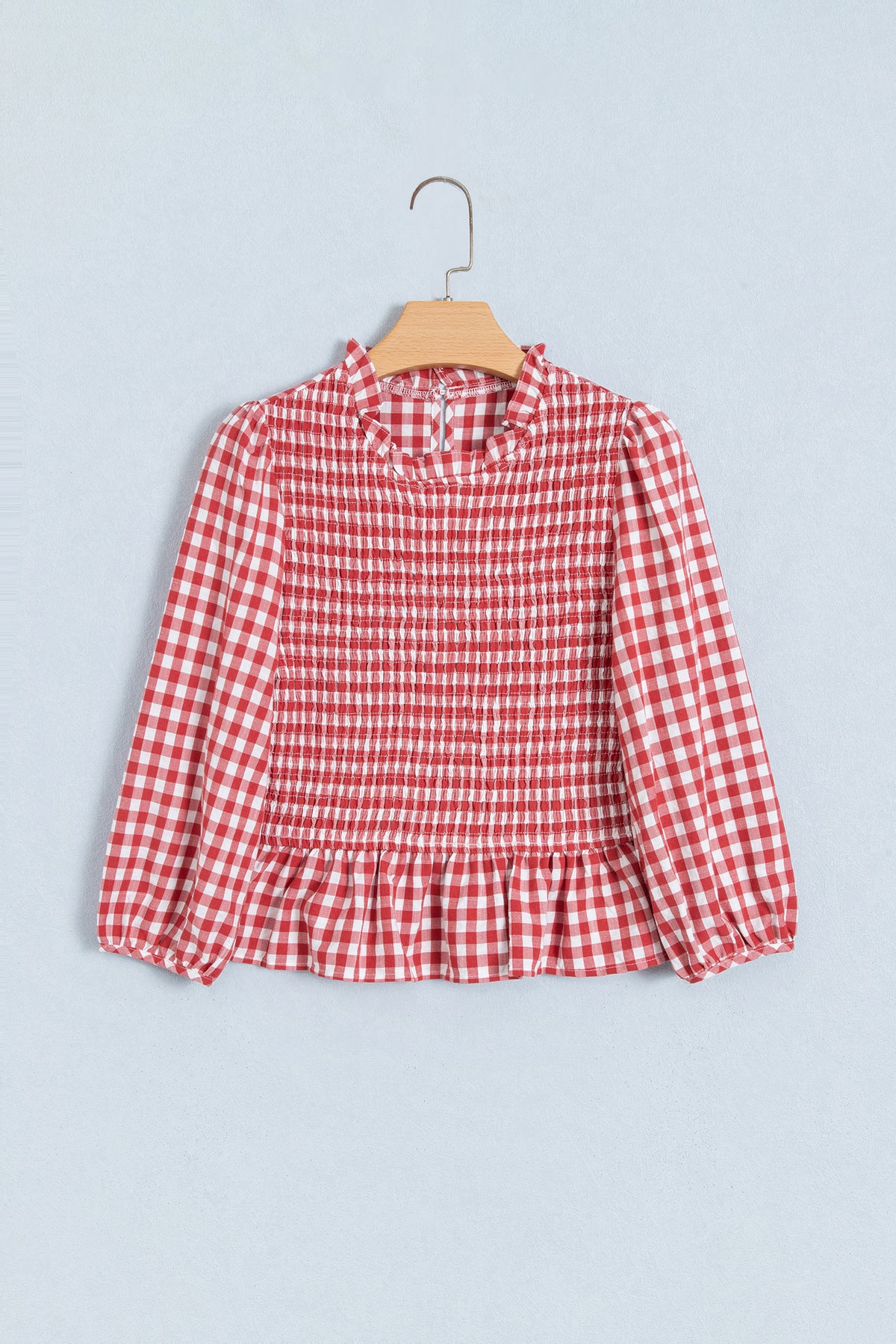Red 3/4 Sleeve Shirred Plaid Peplum Top