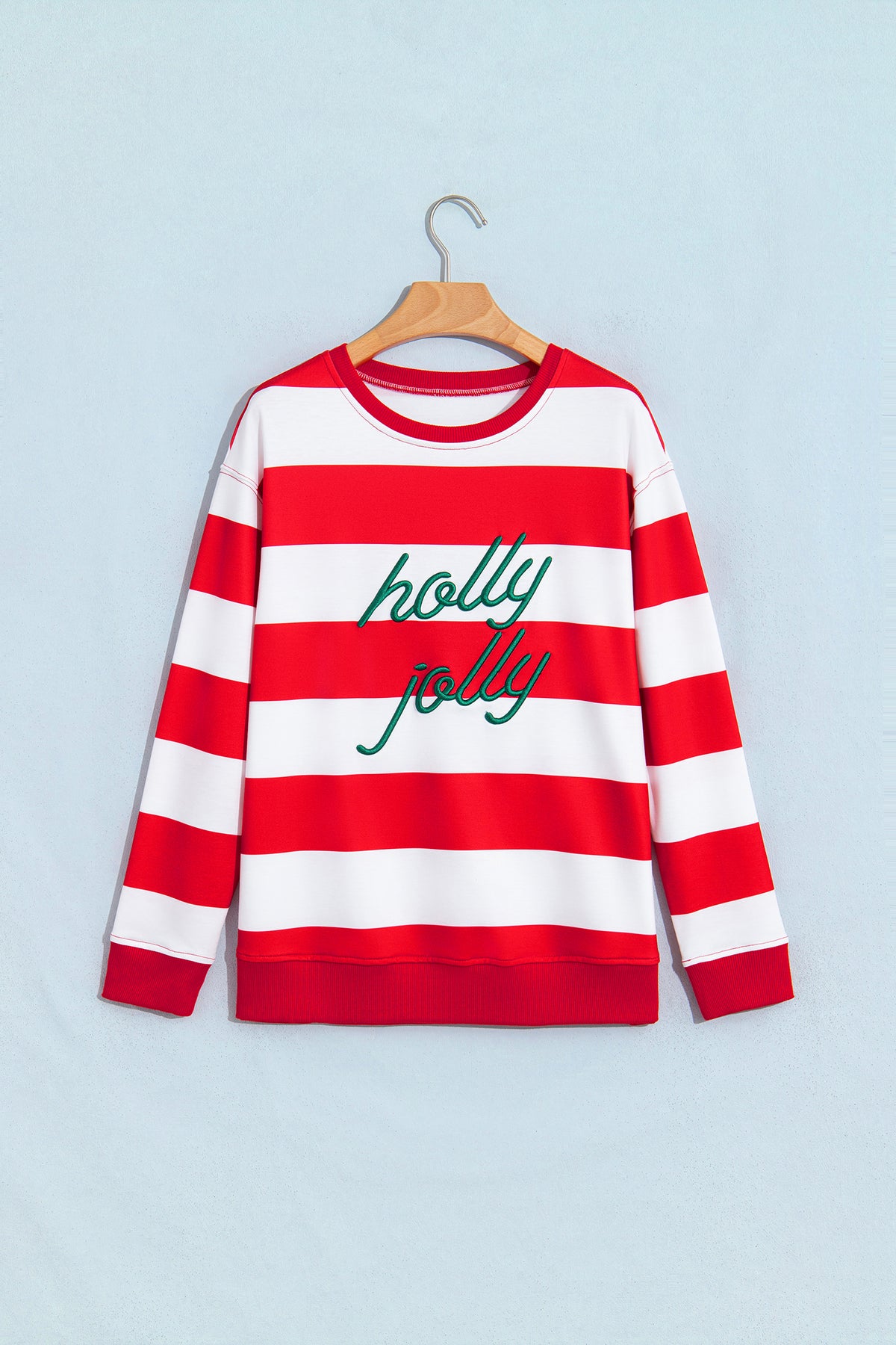 Red Stripe holly jolly Letter Embroidered Pullover Sweatshirt