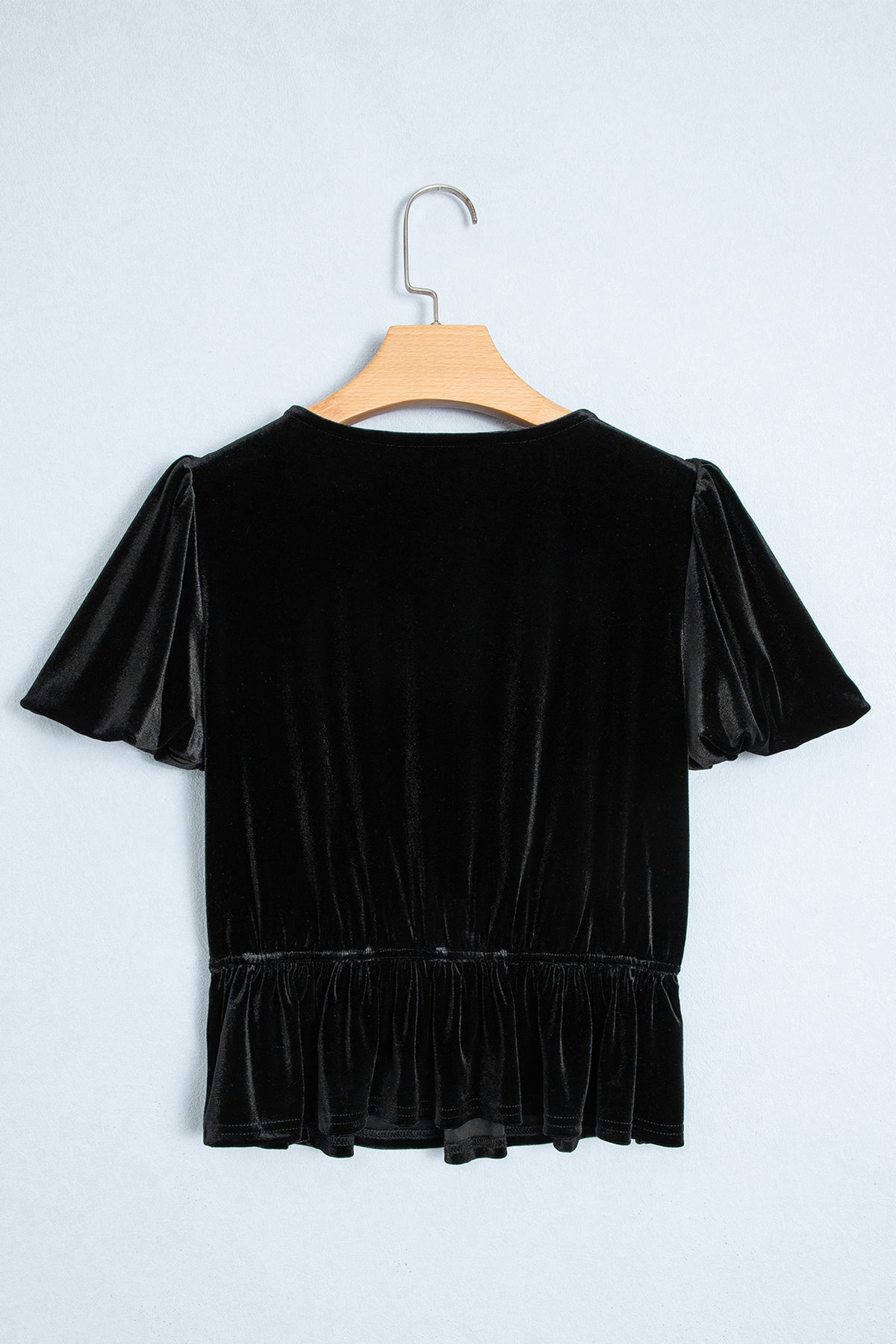 Black V Neck Bow Decoration Peplum Hem Shift Silhouette Short Sleeve Blouse