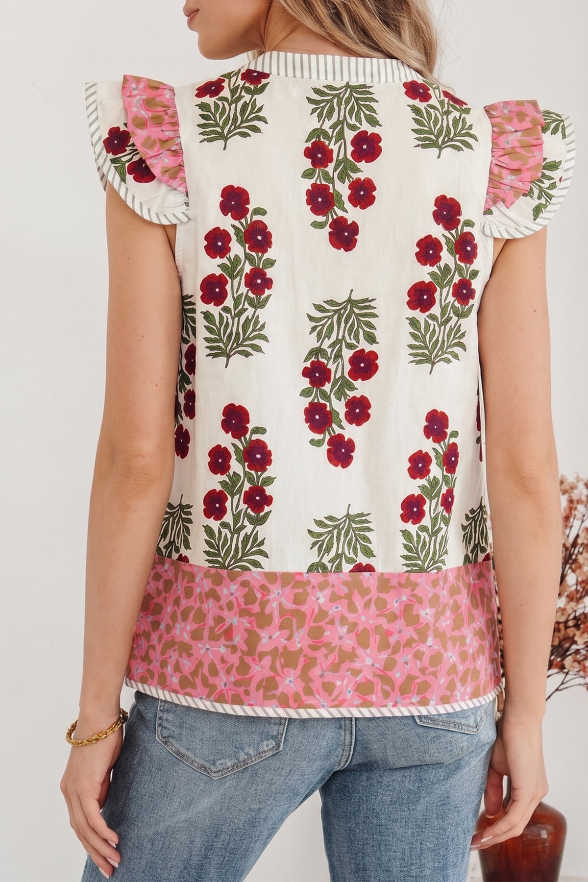 White Floral Print Contrast Striped Trim Flutter Cotton Blouse