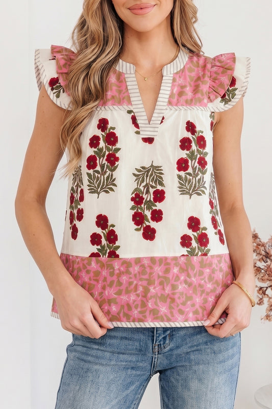 White Floral Print Contrast Striped Trim Flutter Cotton Blouse