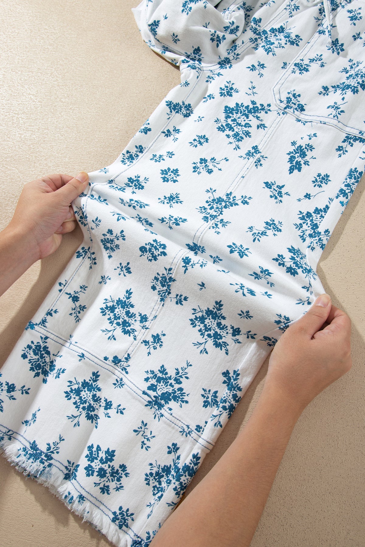 Sky Blue Floral Print Tie Waist Straight Leg Jeans