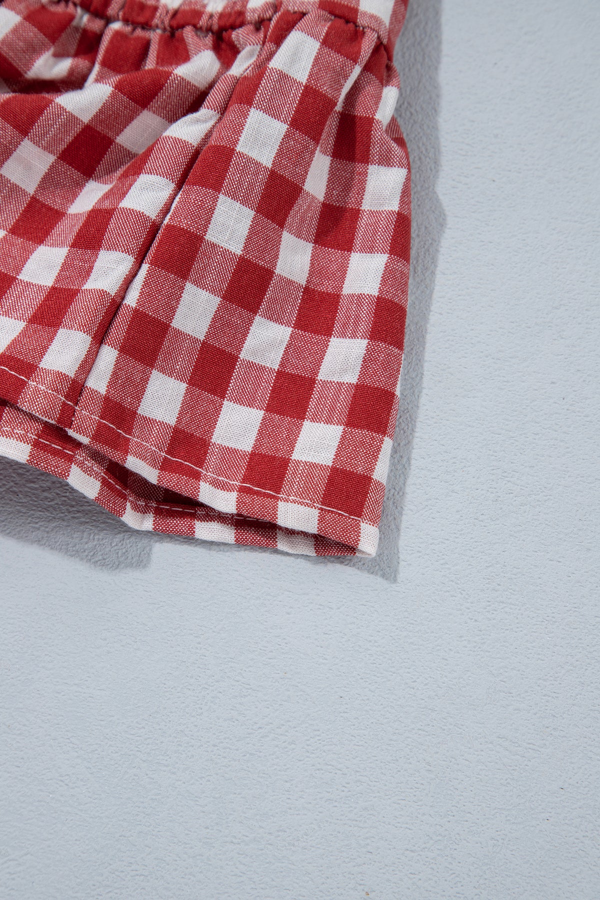 Red 3/4 Sleeve Shirred Plaid Peplum Top