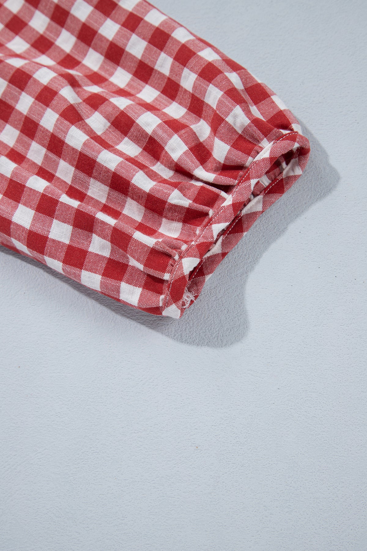 Red 3/4 Sleeve Shirred Plaid Peplum Top