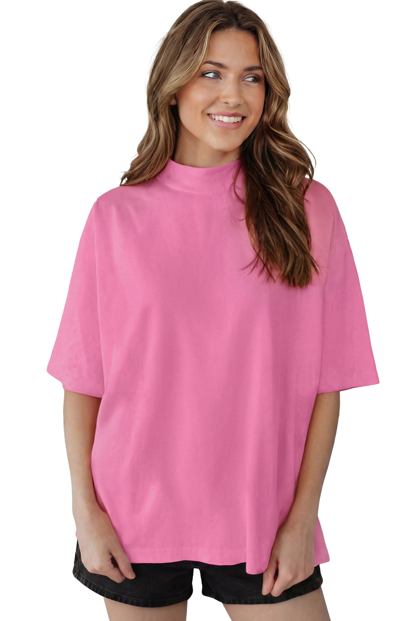 Dark Blue Solid Color High Neck Oversize Tee