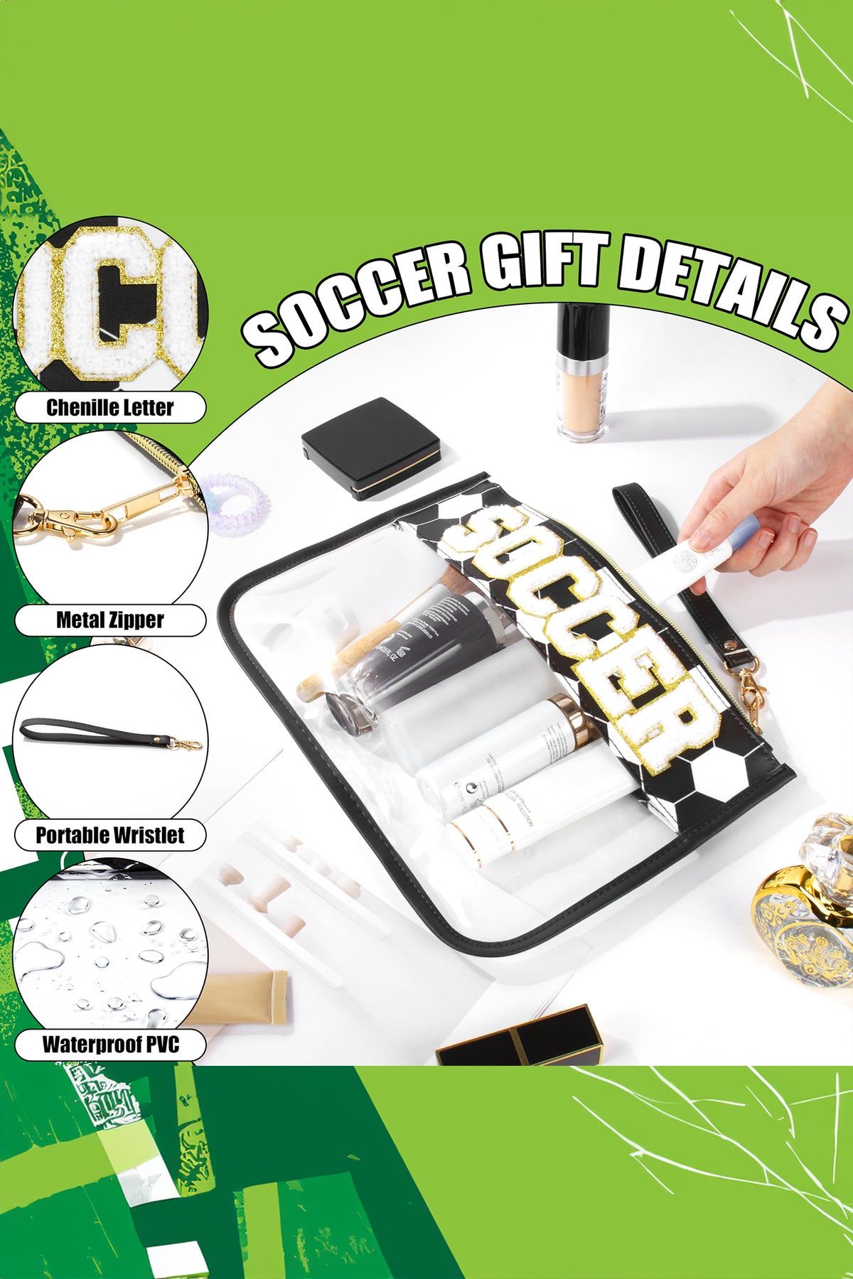 Color black SOCCER Chenille Letter Patch Game Day Stadium Clear PVC Cosmetic Bag