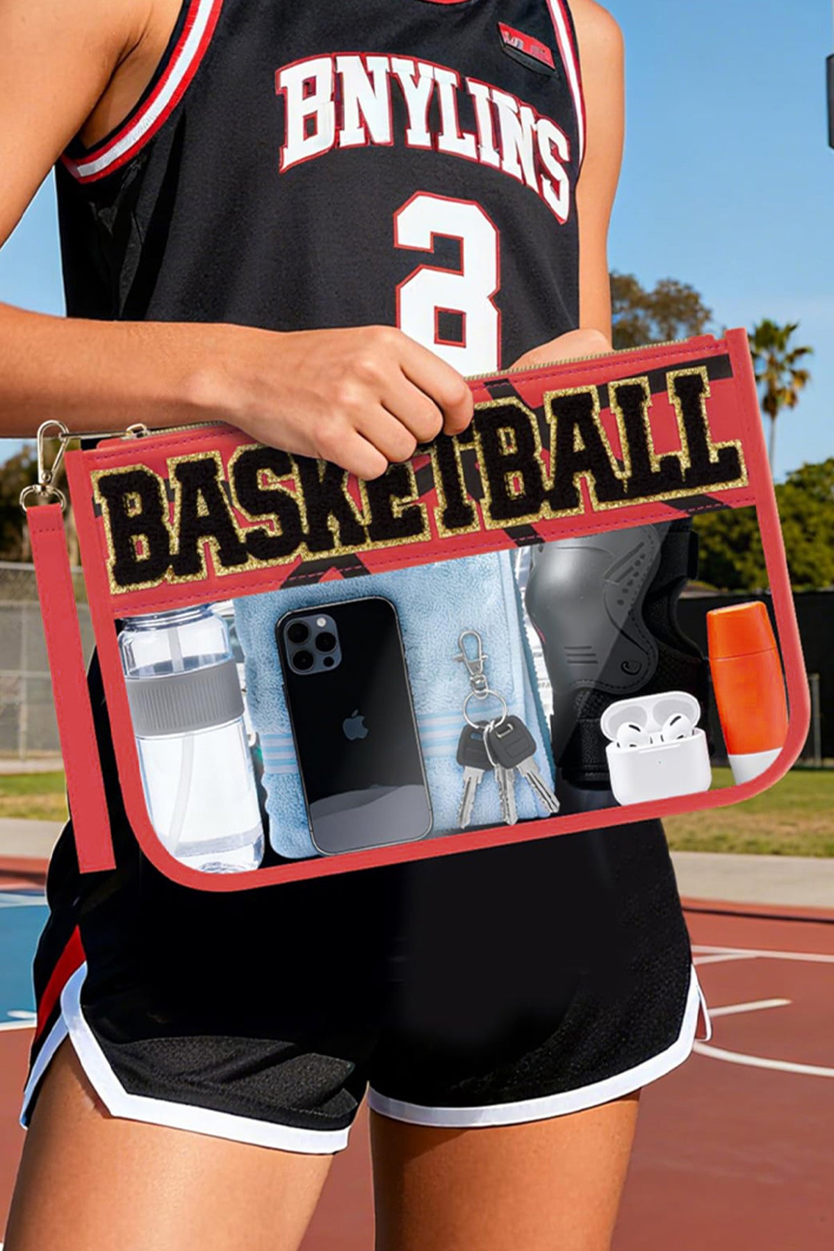 Color black SOCCER Chenille Letter Patch Game Day Stadium Clear PVC Cosmetic Bag
