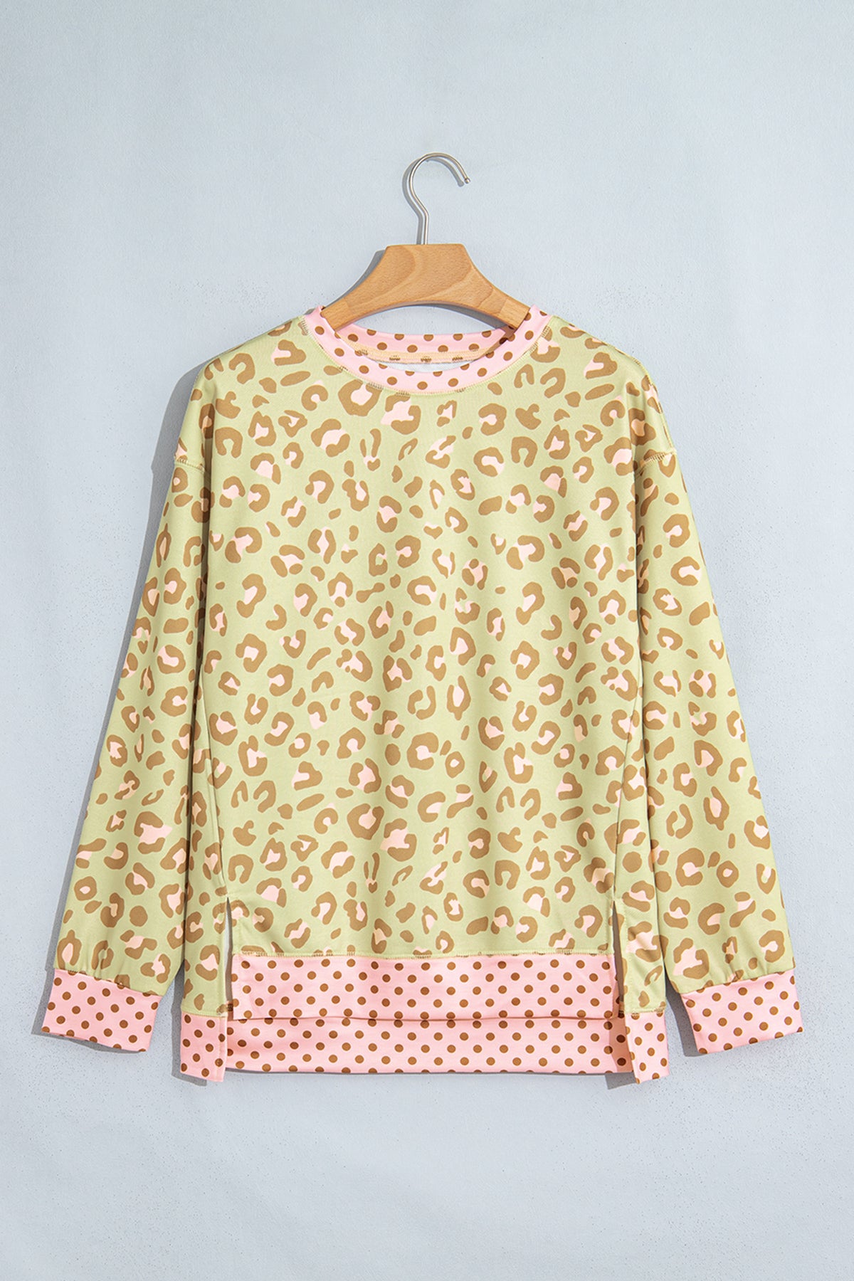 Brown Leopard Polka Dot Colorblock Trim Long Sleeve Top
