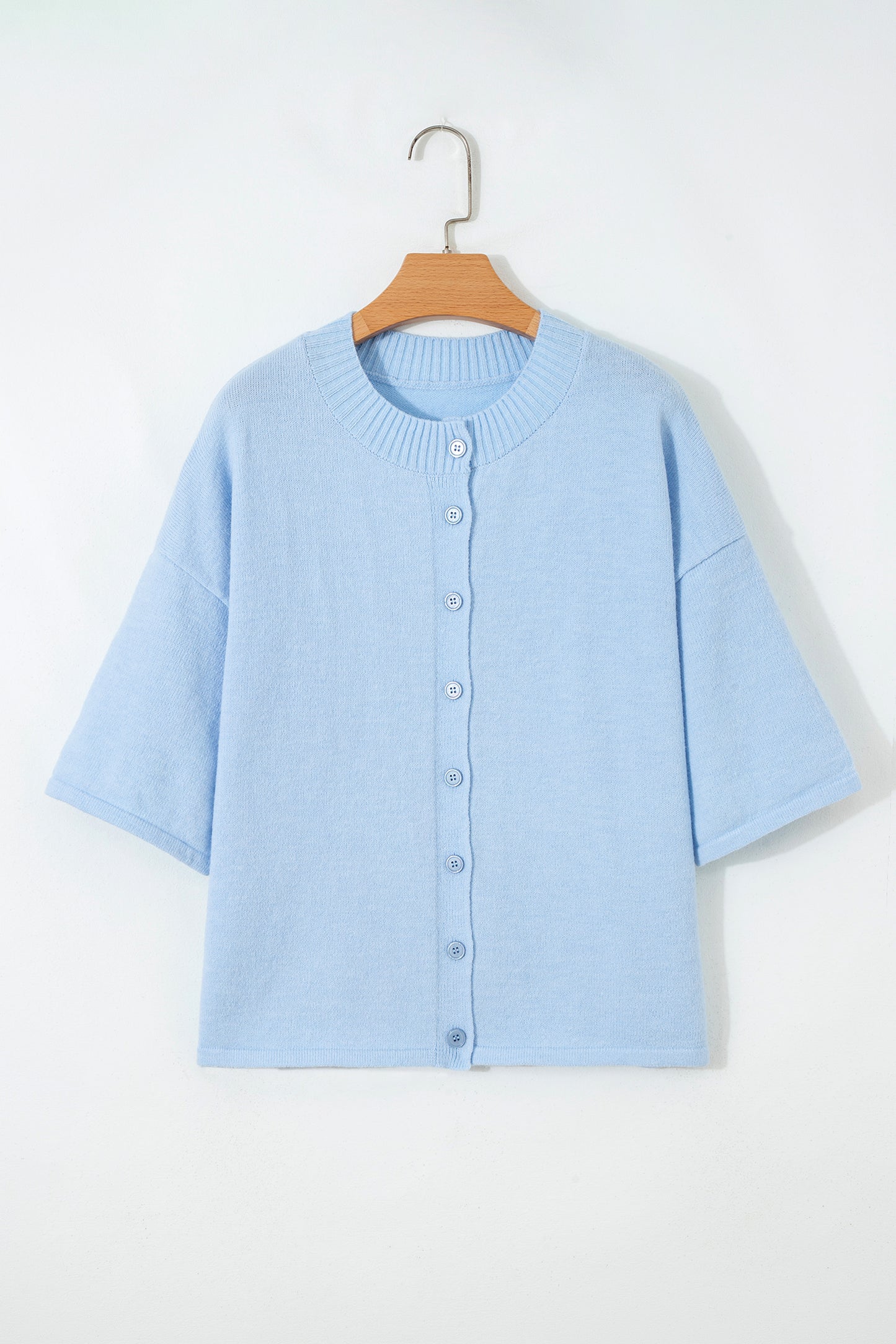 Beau Blue 3/4 Sleeve Boxy Knit Button Down Sweater Cardigan