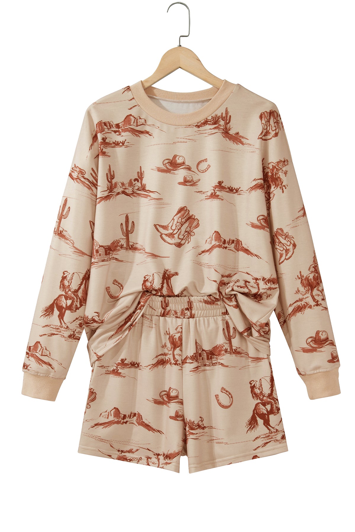 Beige Western Print Loose Fit Long Sleeve Top Short Set