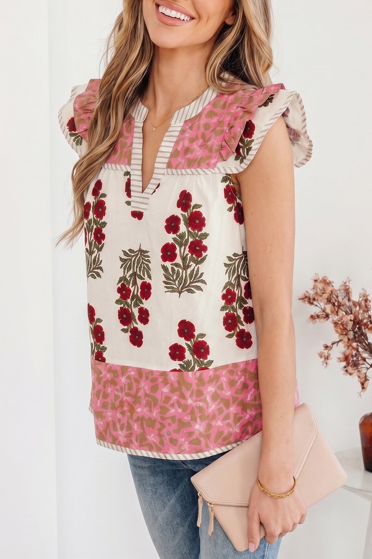 White Floral Print Contrast Striped Trim Flutter Cotton Blouse