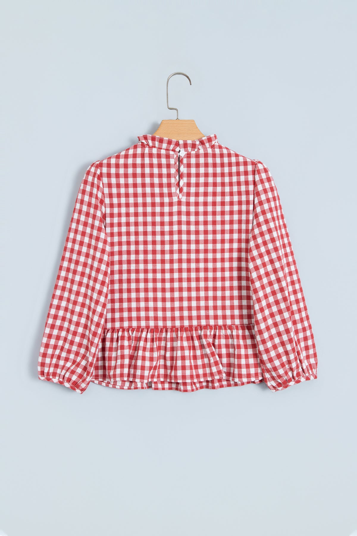 Red 3/4 Sleeve Shirred Plaid Peplum Top
