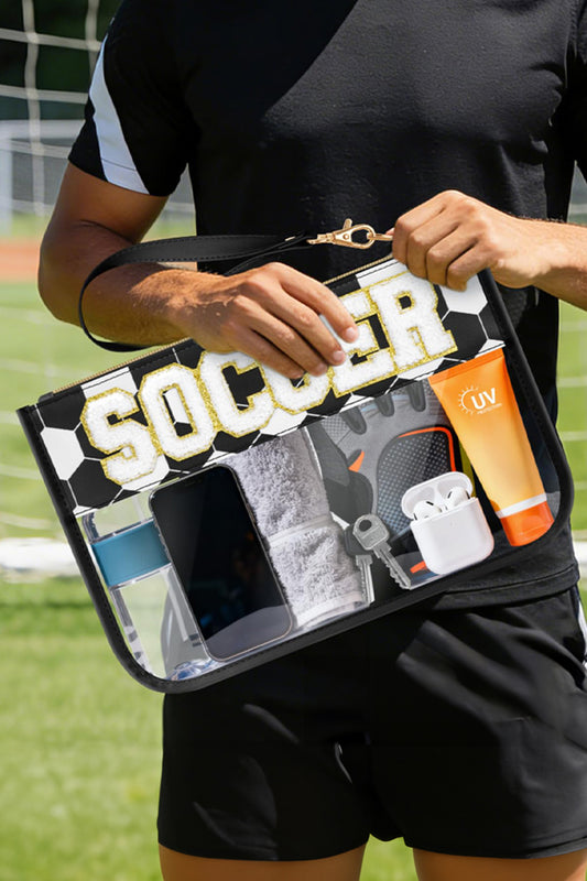 Color black SOCCER Chenille Letter Patch Game Day Stadium Clear PVC Cosmetic Bag